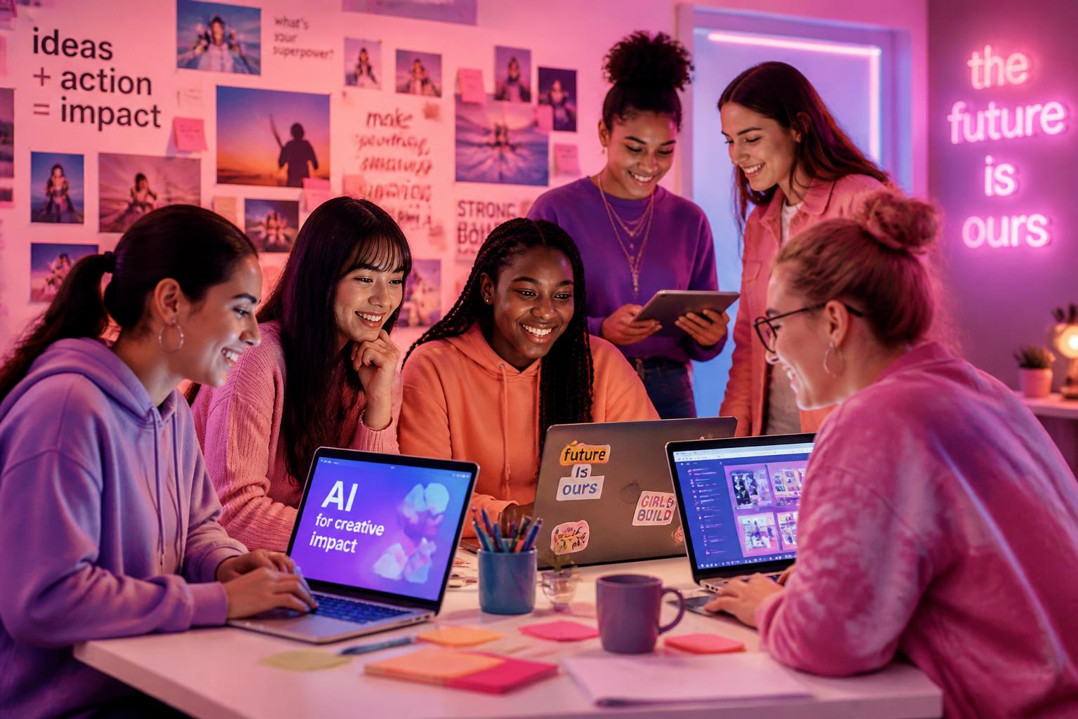 Diverse group of girls building creative projects with AI and laptops